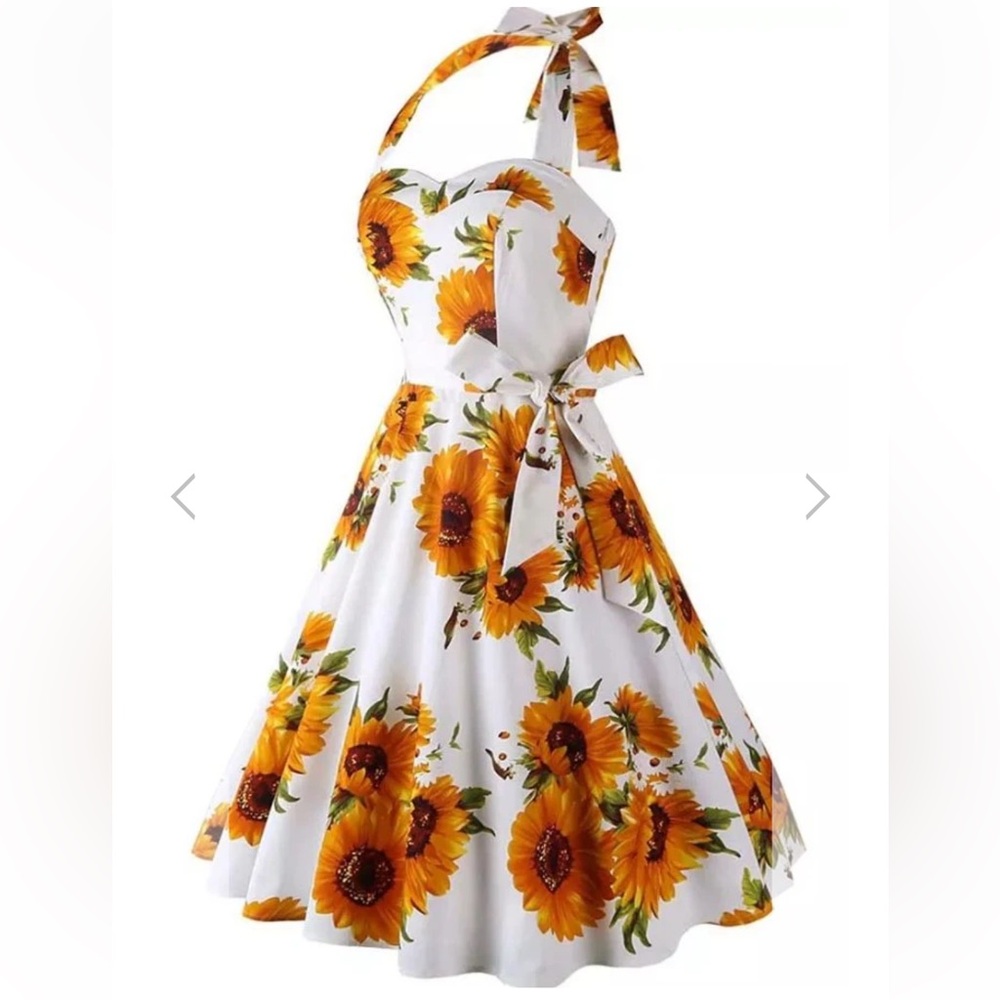 Sunflower Print Vintage Halter Dress